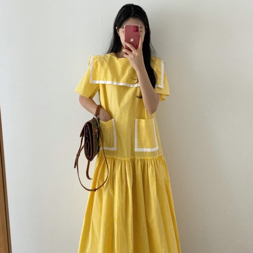 减龄海军领撞色条纹连衣裙长裙女