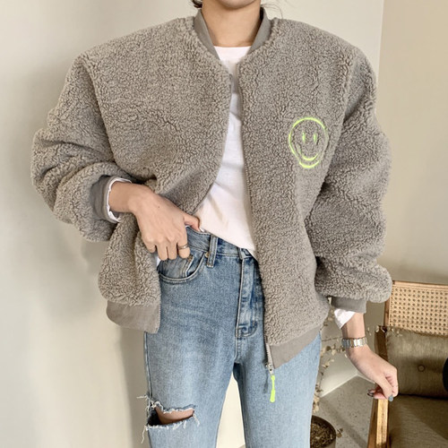 设计感前后笑脸印花羊羔毛外套