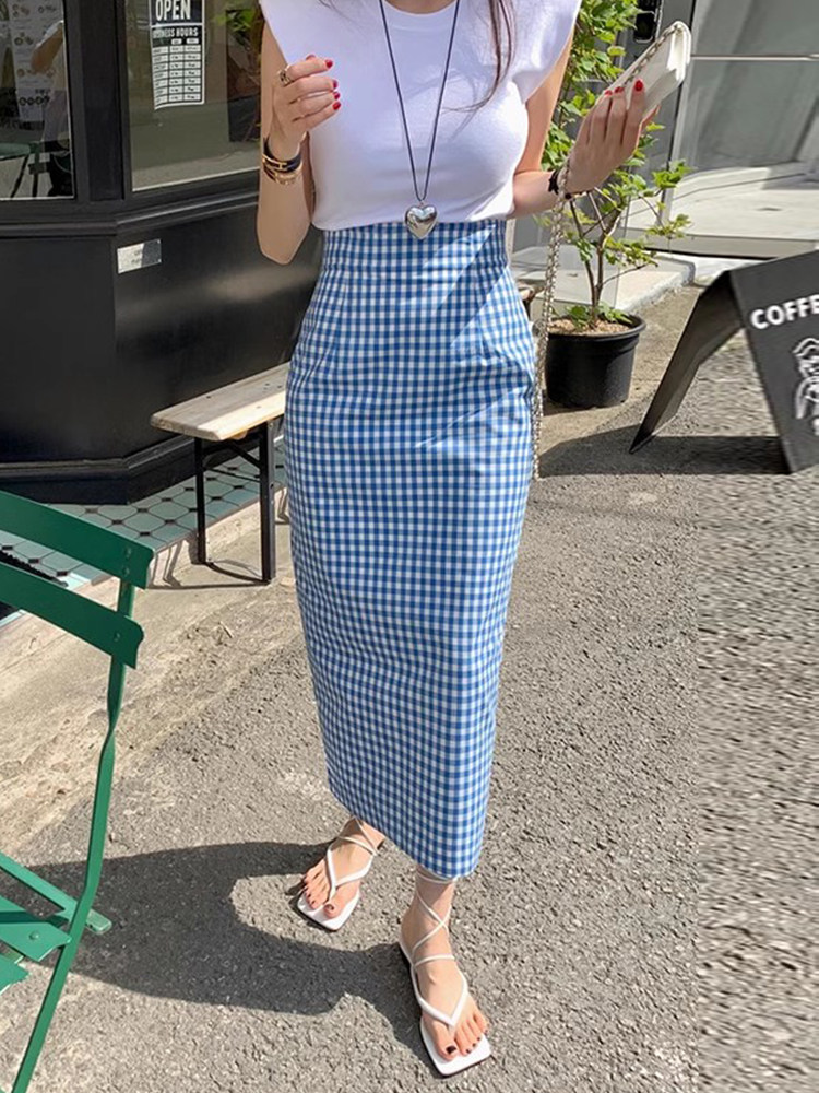 复古格子半身裙女夏季新款韩版设计感小众后开叉高腰显瘦包臀裙子