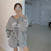 高腰显瘦阔腿短裤 良良家 新款 V领套头卫衣女春季 两件套 休闲套装