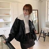 高级感毛毛翻领加绒PU皮衣机车服外套女2025冬季 新款 小众夹克上衣