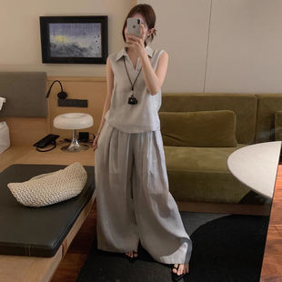 高腰休闲阔腿裤 良良家时尚 新款 背心上衣女夏季 两件套 棉麻v领无袖