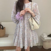 韩国东大门春季 俏皮减龄圆领满屏碎花拼接层次感长袖 雪纺连衣裙女