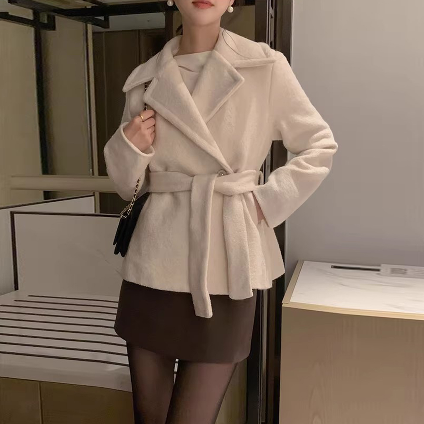 西装领一粒扣设计毛呢外套