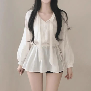 衬衫 良良家春季 纽扣半开飘带V领抽绳系带收腰显瘦长袖 法式 女 新款