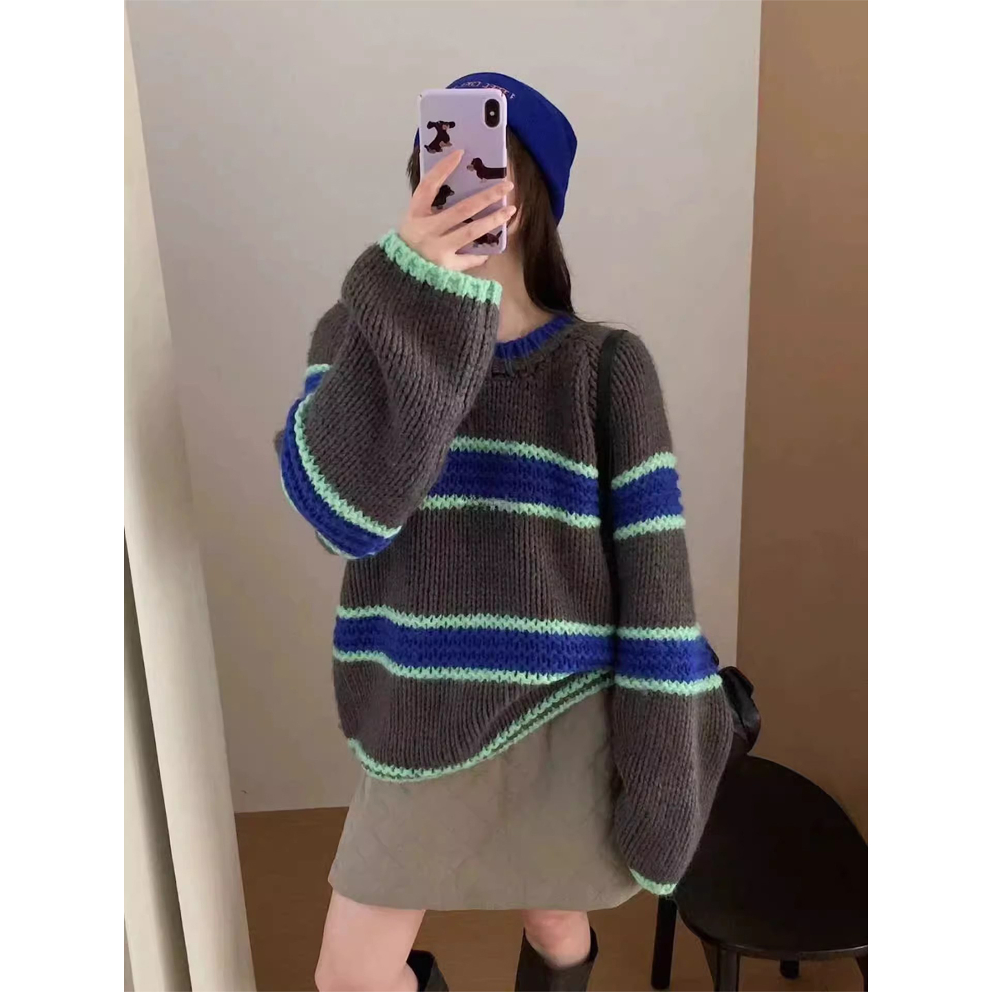 高级感撞色条纹加厚粗线毛衣女