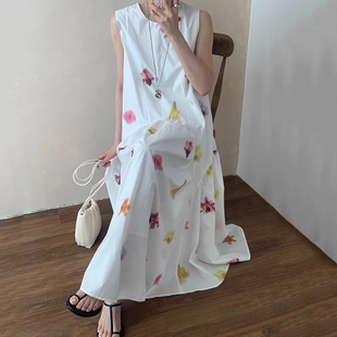 良良家度假风油画印花无袖背心连衣裙女夏季新款复古宽松飘逸长裙