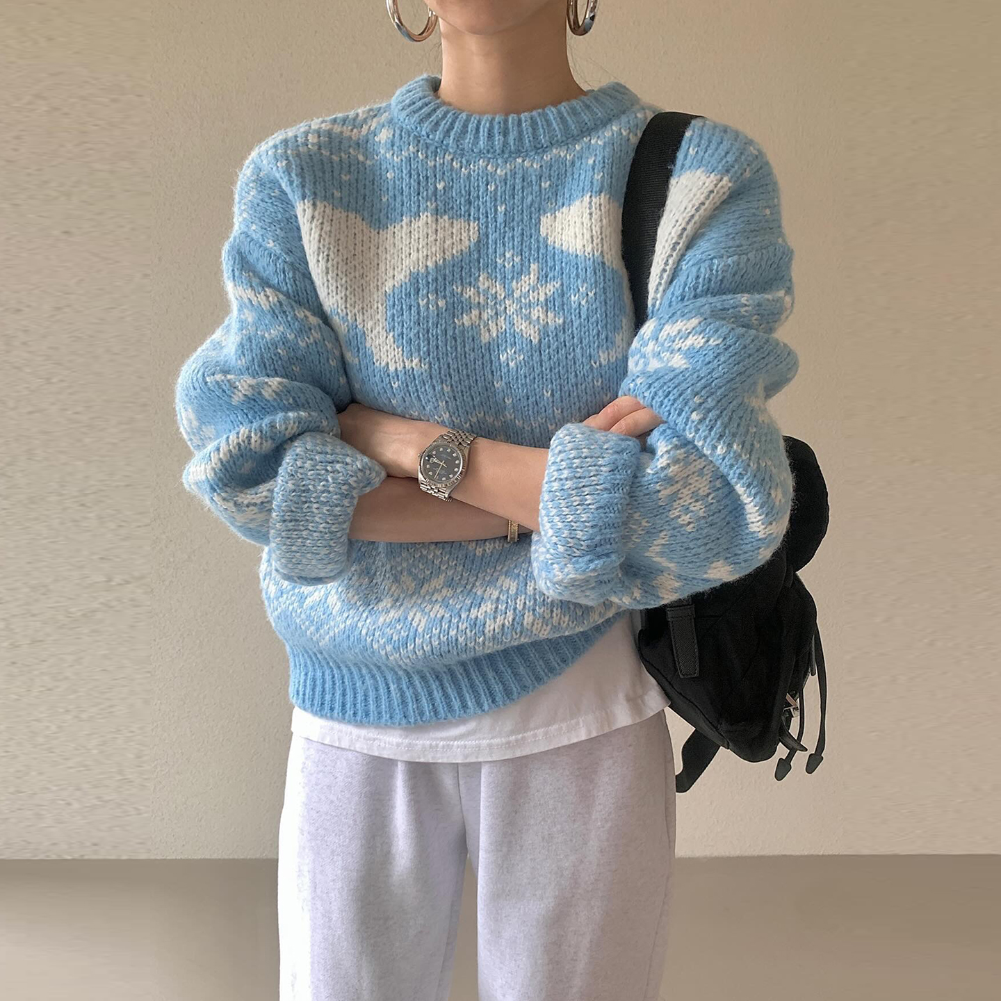 复古撞色北极熊提花针织衫毛衣