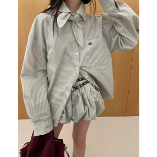 格纹翻领长袖 衬衫 女春季 良良家 蓬蓬高腰短裤 套装 新款 两件套 时尚