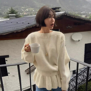 韩国chic秋季小众温柔风软糯长袖针织衫毛衣女+叠穿花边裙摆套装