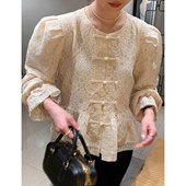 女早春新款 重工蕾丝提花盘扣衬衫 拼接荷叶边下摆上衣 新中式 法式