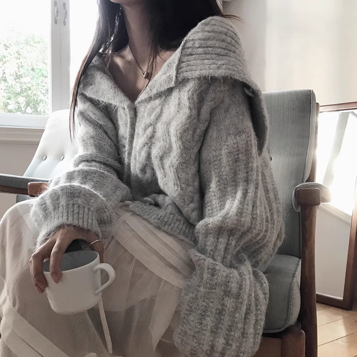 慵懒风海军领粗针毛衣开衫外套女2025冬季新款麻花纹百搭针织上衣