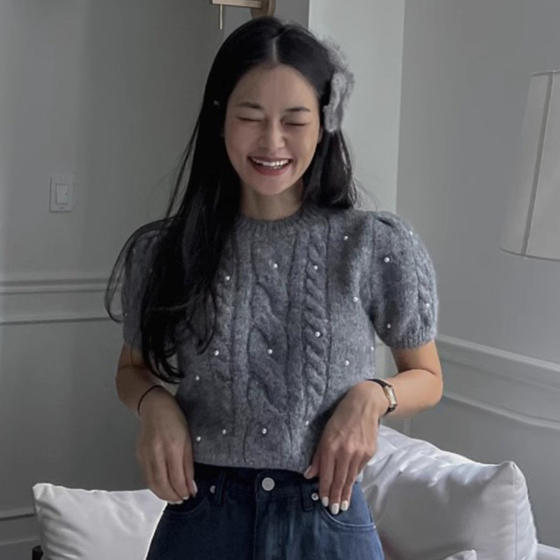 韩国chic秋冬小众高级感圆领钉珠点缀百搭显瘦短袖针织麻花毛衣女