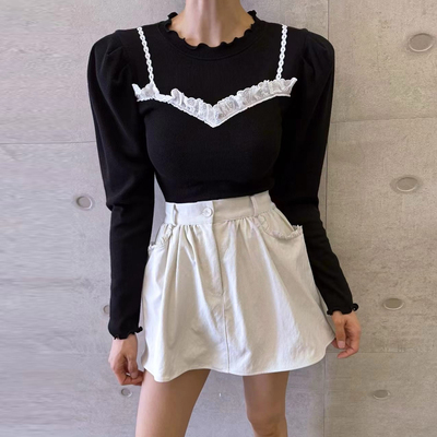 木耳边拼接修身显瘦长袖T恤