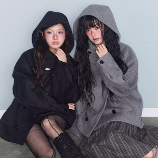 学院风立领双排扣纯色连帽毛呢外套女2025冬季 双口袋呢子大衣 新款