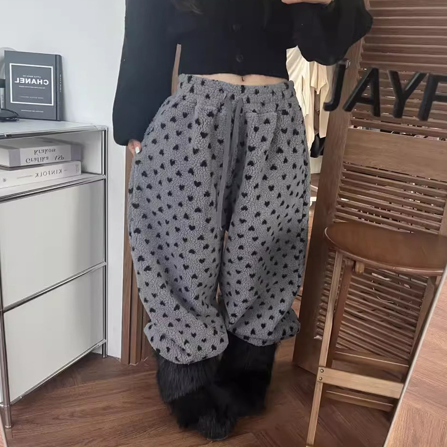 复古减龄爱心提花摇粒绒羊羔毛休闲裤女秋冬松紧腰抽绳束脚裤长裤,女装/女士精品,休闲裤,淘宝优惠券,粉丝福利购,淘宝优惠卷