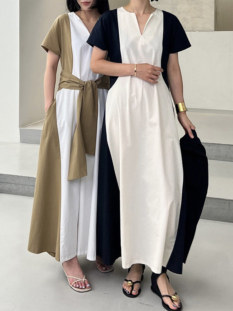 撞色拼接绑带收腰显瘦长款连衣裙