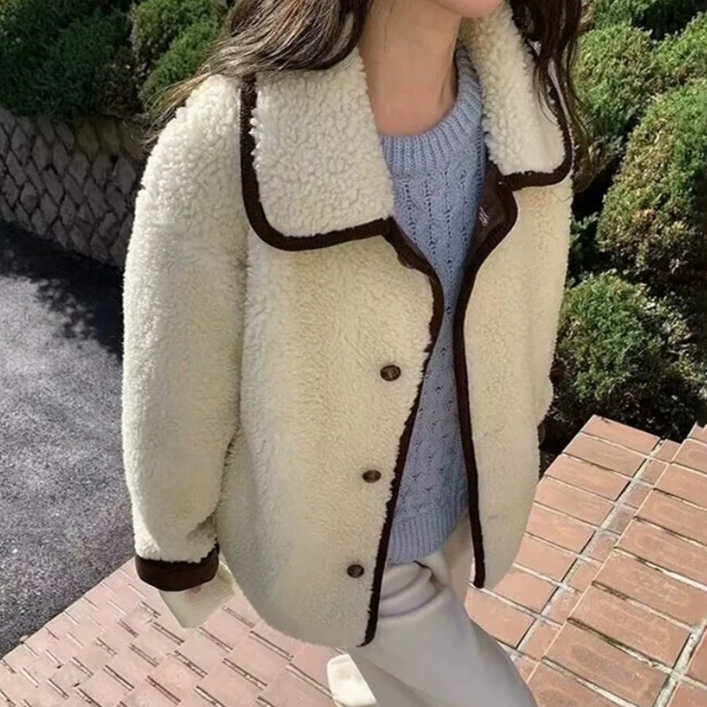 慵懒风撞色包边羊羔毛棉服外套