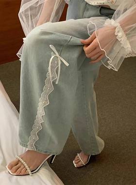 良良家蕾丝边蝴蝶结牛仔裤女春季新款小众复古高腰显瘦阔腿长裤子