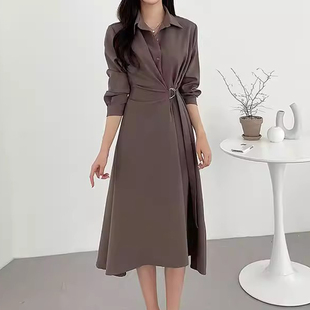 百搭A字裙长裙 法式 设计感不规则收腰单排扣衬衫 连衣裙女早春新款