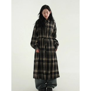 新款 连衣裙女2025秋季 抽绳系带收腰显瘦长裙子 子衬衫 复古学院风格