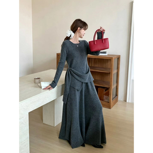 良良家个性不规则针织毛衣女秋冬季韩版高腰大裤脚长裤两件套装