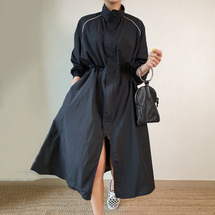 Корея chic осень дикий воротник хитрость с застежкой дизайн свободный талия бедро трещина ветровка Режим платье женский
