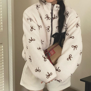 可爱减龄两面穿蝴蝶结提花羊羔毛棉服女2025冬季新款拉链棉衣外套