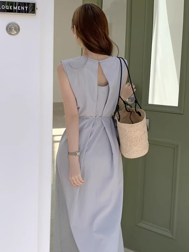 镂背设计系带收腰显瘦背心连衣裙