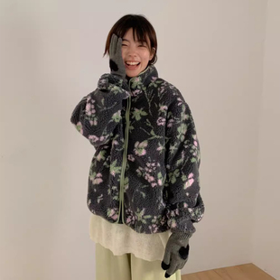 复古小众花朵印花羊羔绒棉服外套女2025冬季新款减龄宽松保暖棉衣