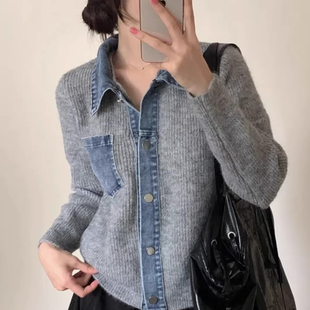 复古小众牛仔拼接翻领单排扣针织外套女早春新款宽松百搭开衫毛衣