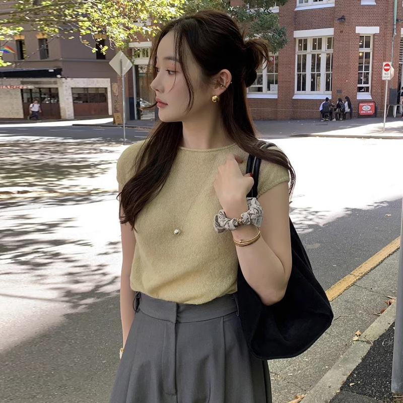 韩国chic夏季气质百搭卷边圆领套头宽松百搭纯色短袖针织衫上衣女