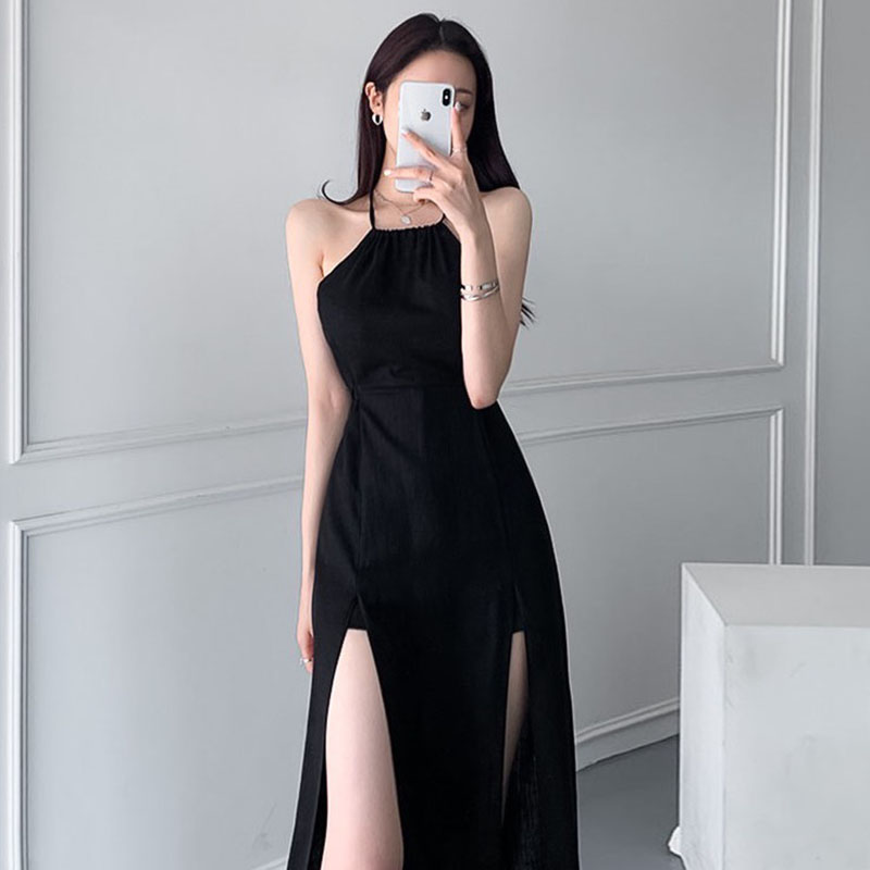 chic挂脖露肩修身高开叉连衣裙女