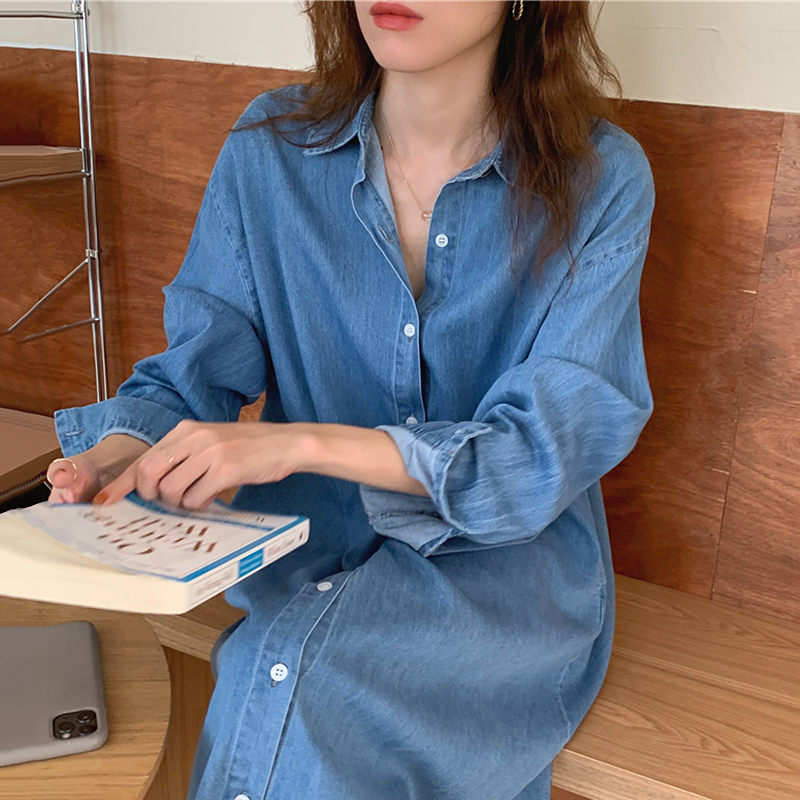 宽松翻领复古小众牛仔纯色连衣裙