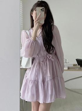 韩国chic春季法式温柔V领系带褶皱肌理感设计小个子长袖连衣裙女