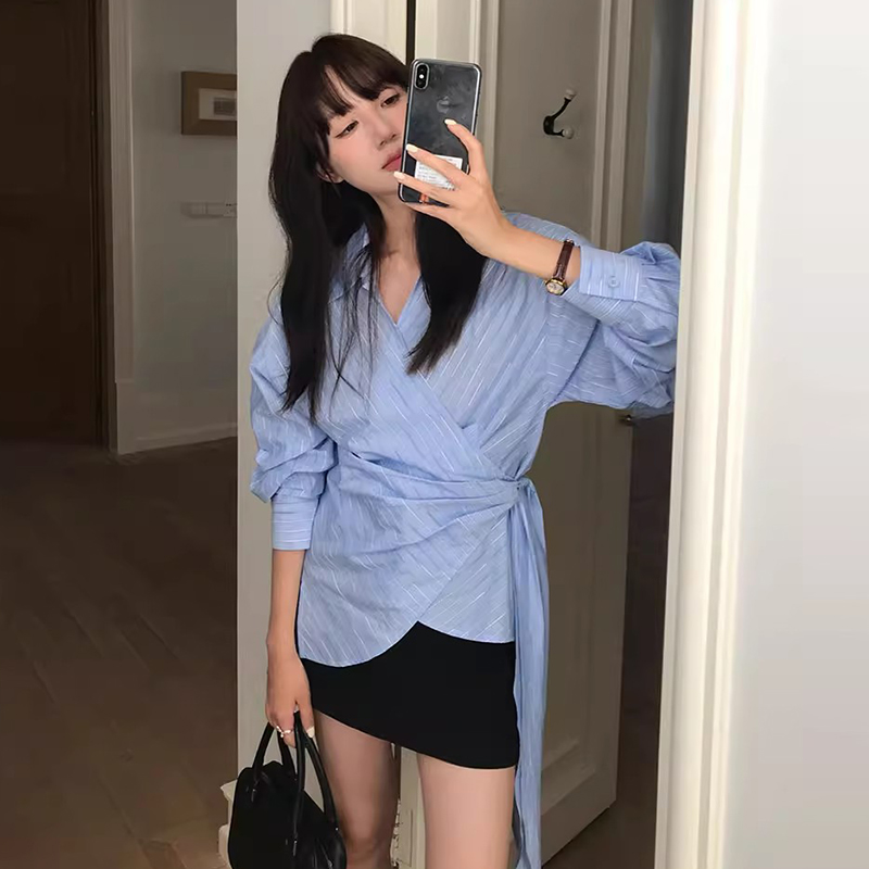 侧边绑带设计感压褶长袖条纹衬衫