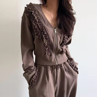 时尚套装拼接木耳边短款外套女2025秋季新款设计感高腰休闲长裤子