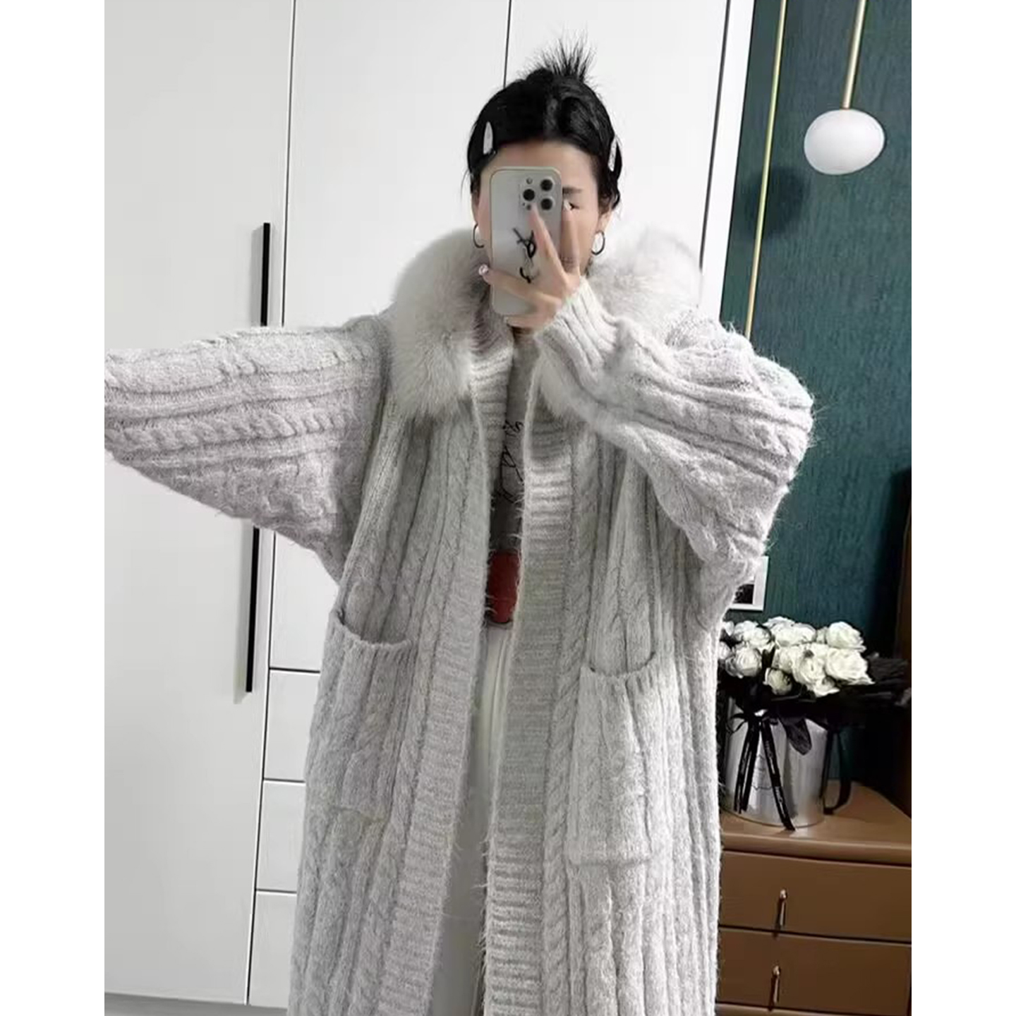 慵懒风大毛领麻花针织开衫毛衣外套女2025冬季新款宽松双口袋上衣