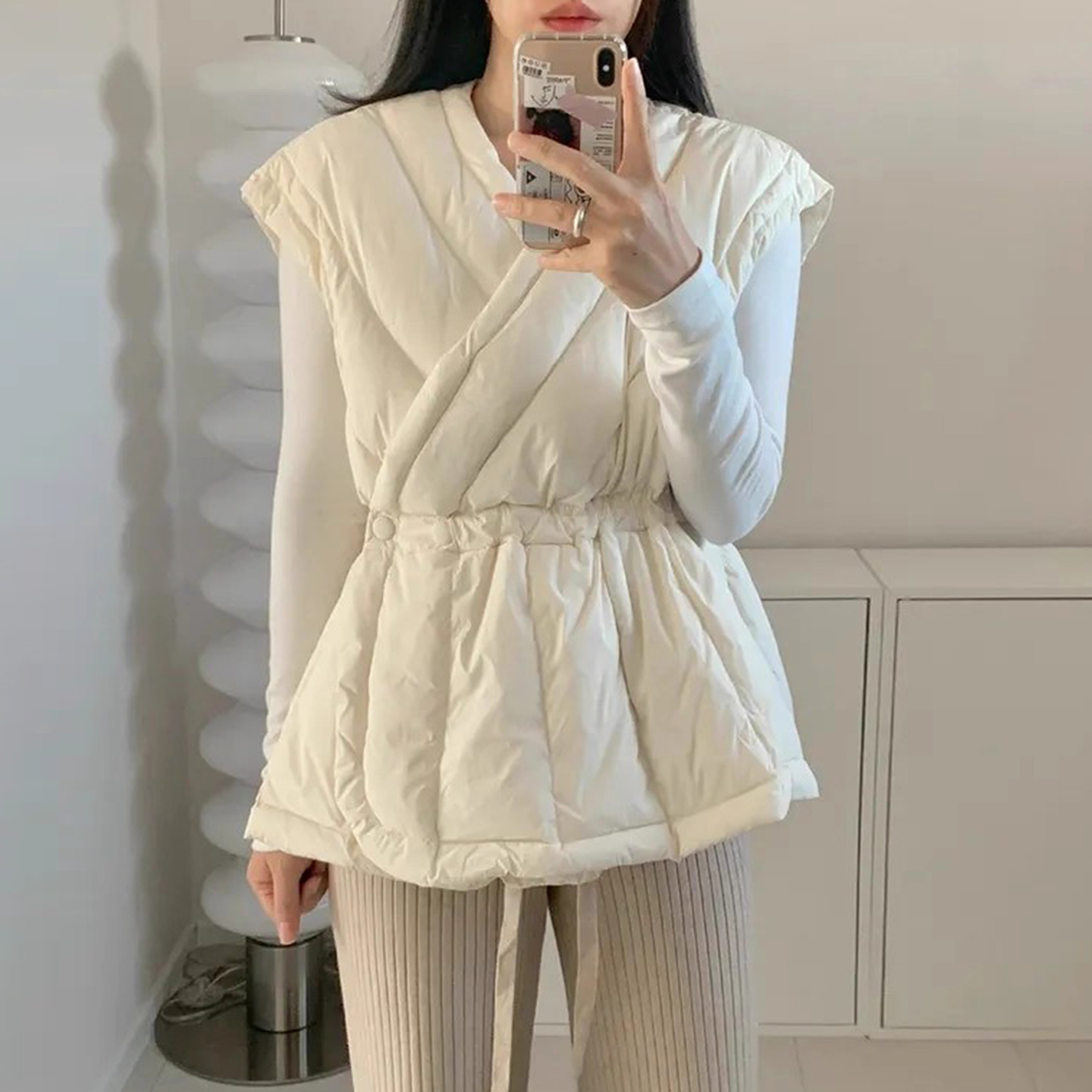 交叉V领一粒扣棉服马甲外套