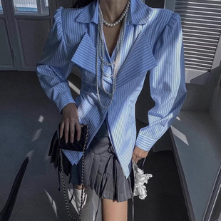 良良家 设计感假两件收腰长袖衬衫女春季新款高级感条纹衬衣外套