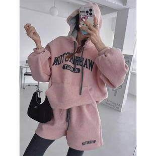 套装 高腰系带休闲短裤 连帽卫衣 韩国东大门复古减龄字母印花长袖