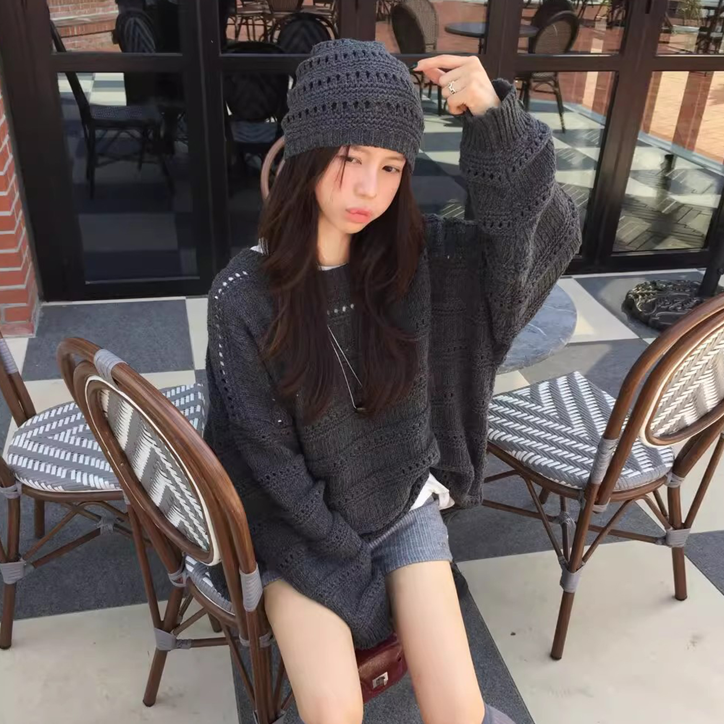 设计感重工缕空编织针织衫毛衣女2025秋季新款复古宽松上衣配帽子