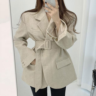 韩国chic秋冬复古高级感翻领系带收腰显瘦人字纹西装毛呢短外套女