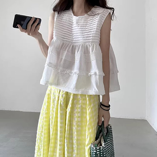良良家设计感重工压褶娃娃衫 复古格子半身裙两件套 背心女夏季 新款