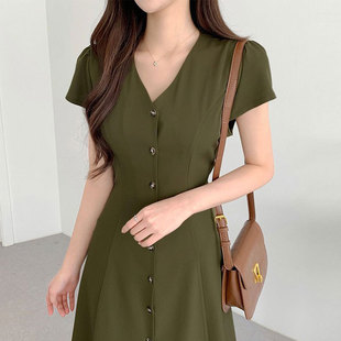韩国chic夏季极简主义 小众V领单排扣收腰显瘦飞飞袖A字连衣裙女