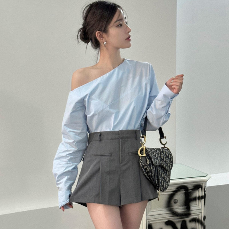 한국의 시크한 봄 다재다능한 경사진 어깨 불규칙 디자인 긴팔 셔츠 + 여성용 하이웨이스트 와이드 레그 캐주얼 팬츠 반바지
