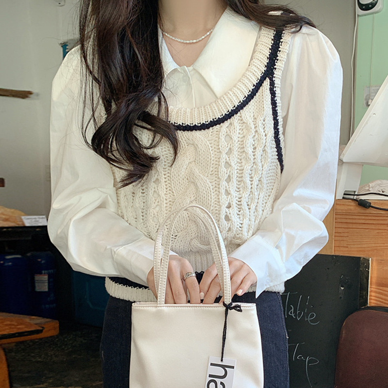 chic泡泡袖衬衫+吊带针织马甲女