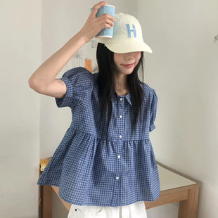 新款 娃娃衫 日系复古风格 衬衫 上衣女 纹翻领单排扣泡泡袖 良良家夏季