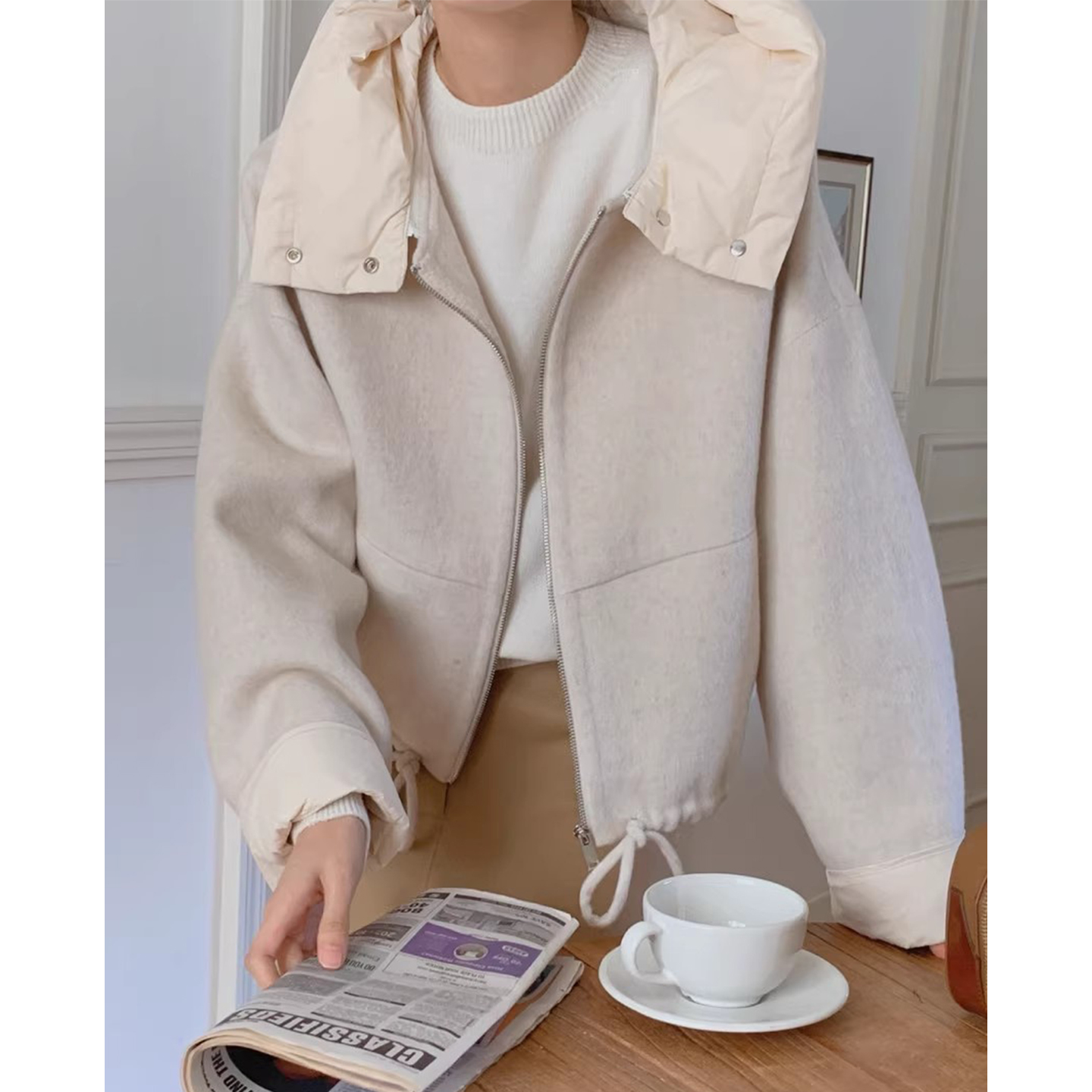 小众百搭拼接连帽抽绳呢子短外套