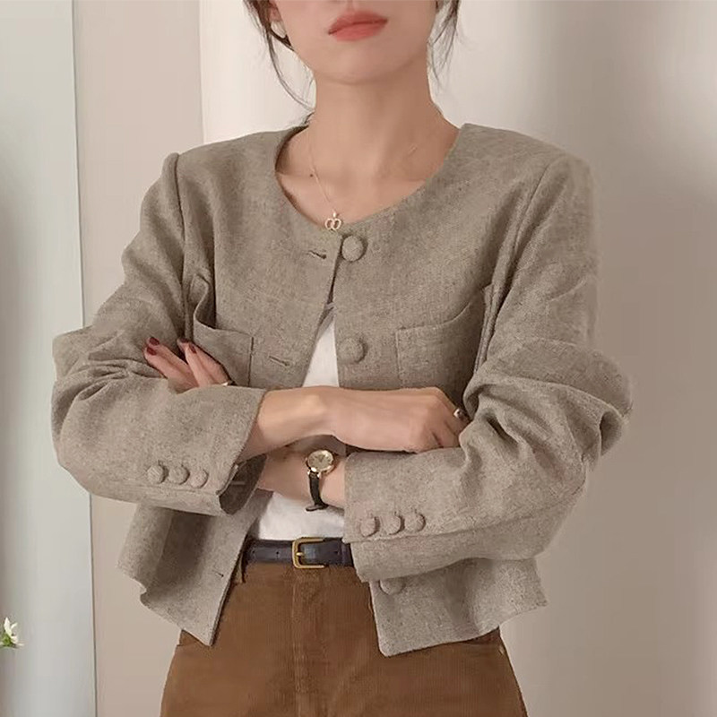 韩国chic秋季复古小香风圆领单排扣宽松百搭长袖双口袋短款外套女,女装/女士精品,短外套,淘宝优惠券,粉丝福利购,淘宝优惠卷